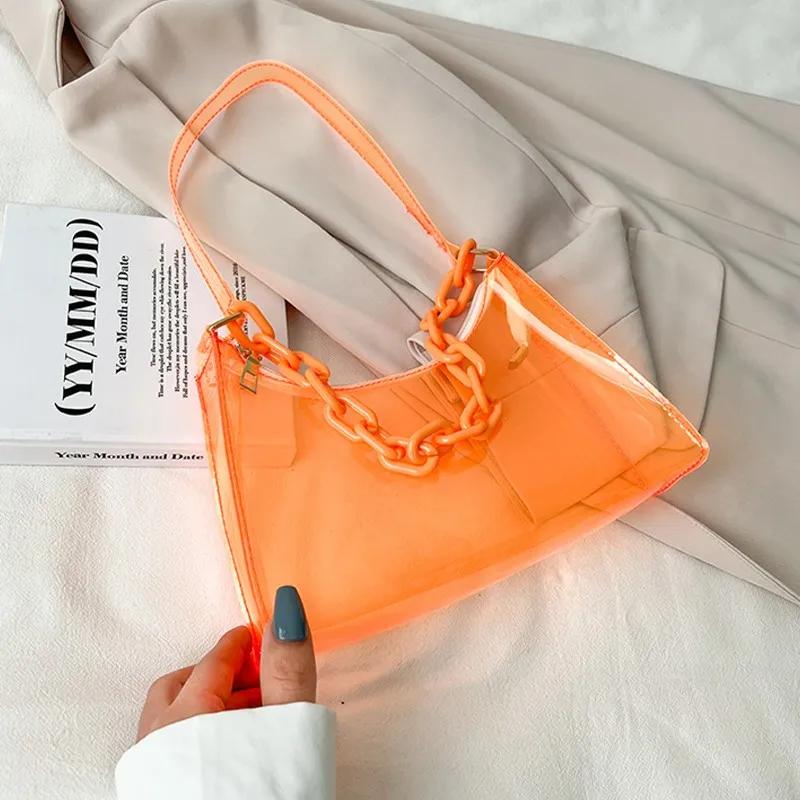 Ladies Jelly Bags Pvc Solid Color Clear Bag Underarm Bags Casual Women Summer Handbags Purse Cell Phone Shoulder Bag