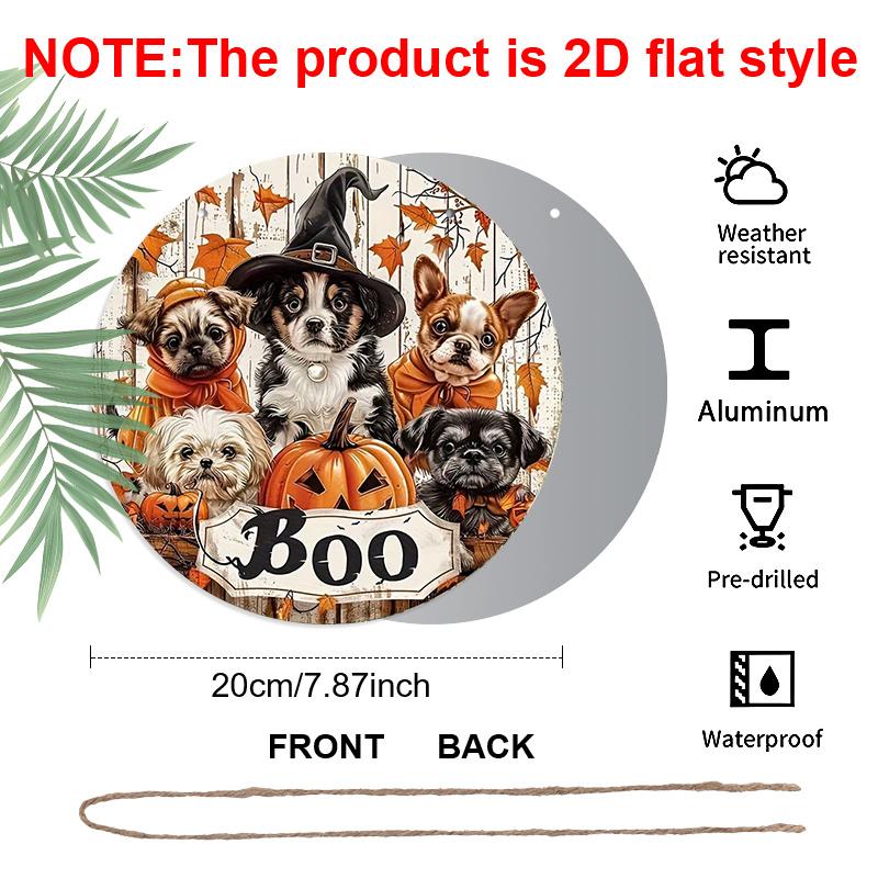 2D Flat, 1pc Boo Halloween Aluminum Ornaments Sign, Dog Maple Leaf Jack-o'-Lantern Boo Pattern Design, Round Hanging Plaque for Yard, Room, Home
