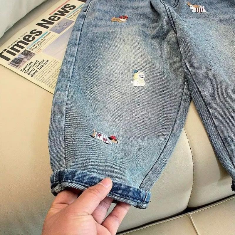Spring Autumn Baby Boy Cartoon Jeans Korean Loose Elastic Waist Kid Trousers Embroidery Outwear Children Boy Denim Pants