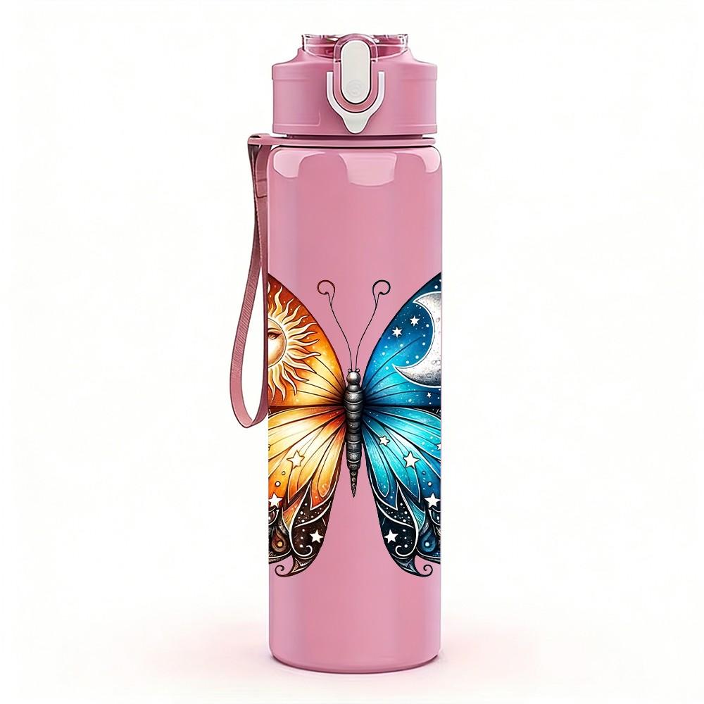 1PC Bright Color Butterfly Wing Print 750ml Color Plastic Sports Water Bottle Leakproof Flip Straw Lid Suitable for Sports Office Home Use