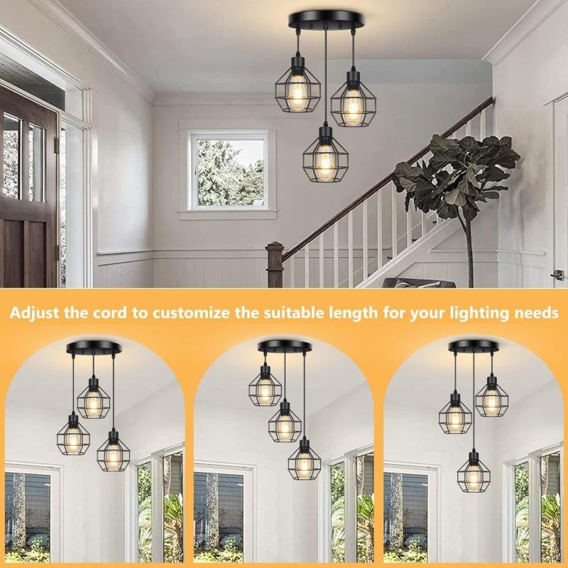 Vintage Pendant Lamp 3 head Hanging Lamp Ceiling Chandelier Metal Shade E27 Black, suitable for living room, dining room