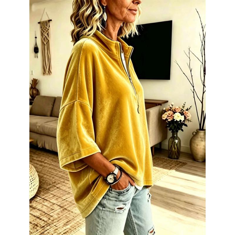Women Velvet Top V Neck Long Sleeve Loose Fit Soft Fabric