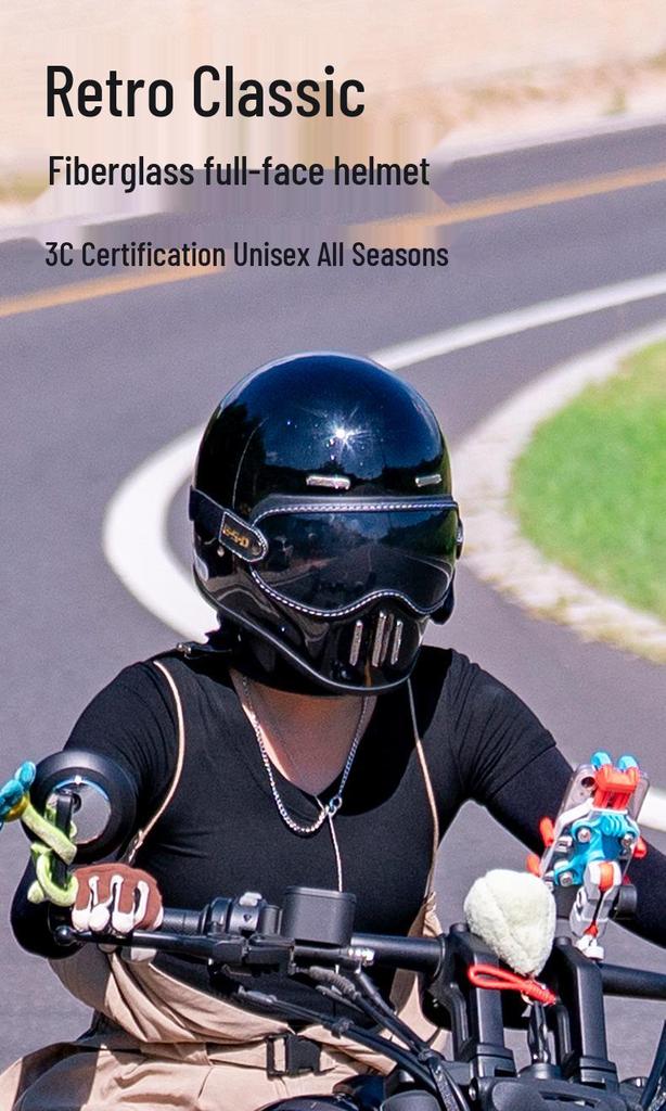 Fiberglass Retro Full Face Motorcycle Helmet for All Seasons - Unisex Winter Safety 3C Certified