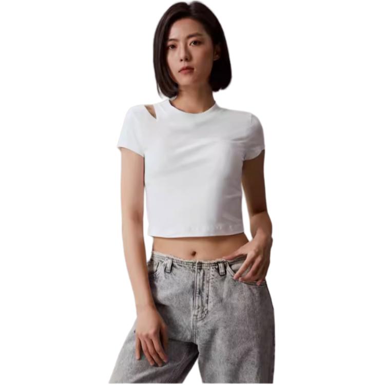 Calvin Klein Solid Color Round Neck Pullover Short Sleeve T-Shirt Women Tops Moonlight-White J223338-YAF