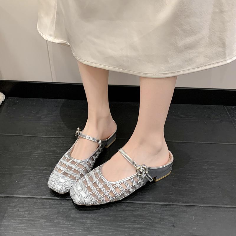 Fashion Baotou Semi-drag Autumn New Square-toe Shallow-mouth Mesh Breathable One-band Non-slip Wear-resistant Block Heel Slippers
