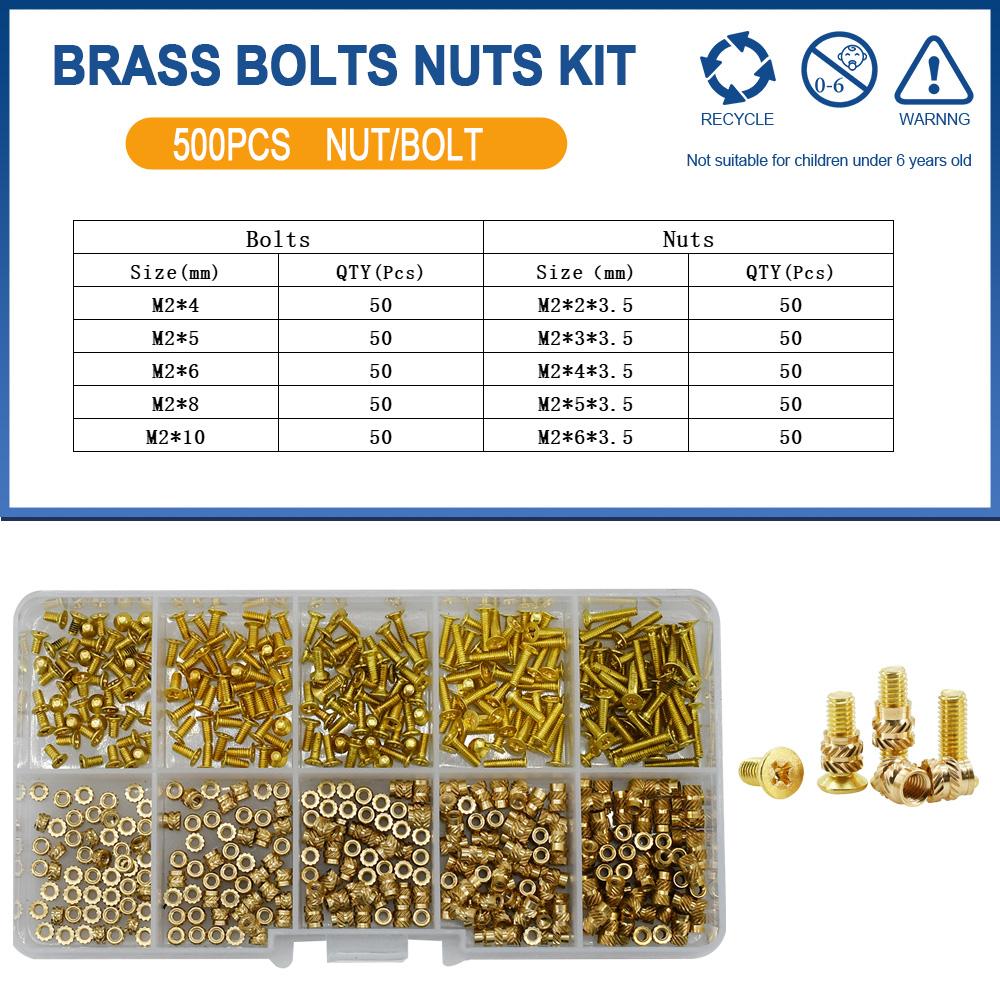 M2 M2.5 M3 M4 M5 Metric Threaded Insert Brass Nuts Bolts Set Countersunk Head Screw Hot Melt Heating Knurled Injection Nut Kits
