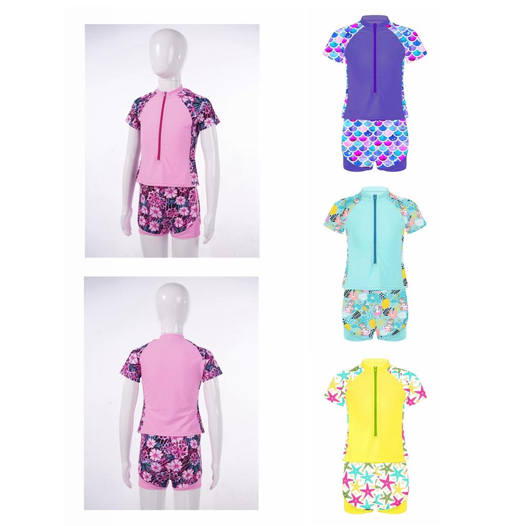 Cartoon Floral Print Quickly Dry Swimwear 2Pcs Sets Front Zipper Closure Short Sleeves Tops + Elastic Waistband Shorts