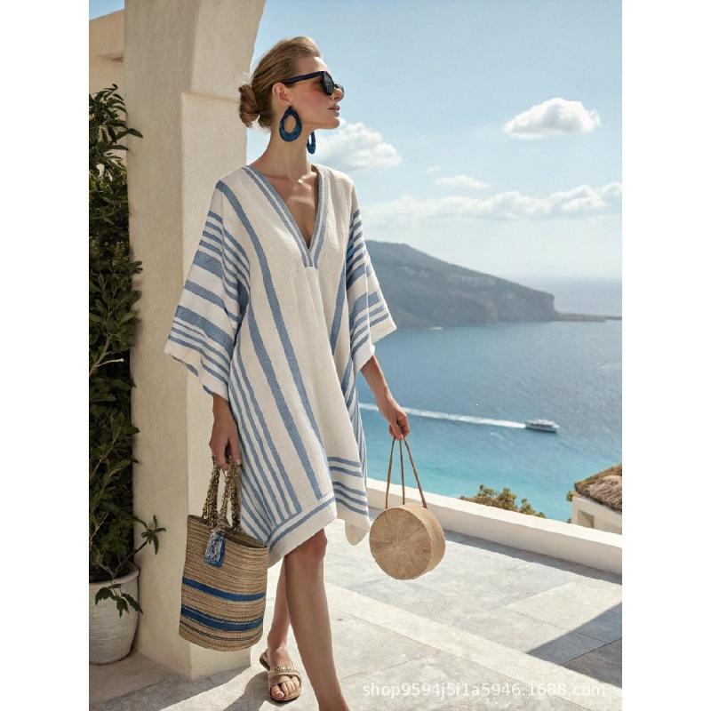 2026 women's V-neck dress seaside vacation 3D printing loose skirt beach