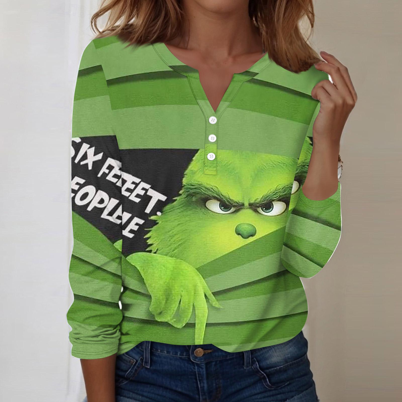 

Женская модная повседневная блузка с V-образным вырезом, длинным рукавом и декоративными пуговицами, с рождественским принтом L армия зеленый