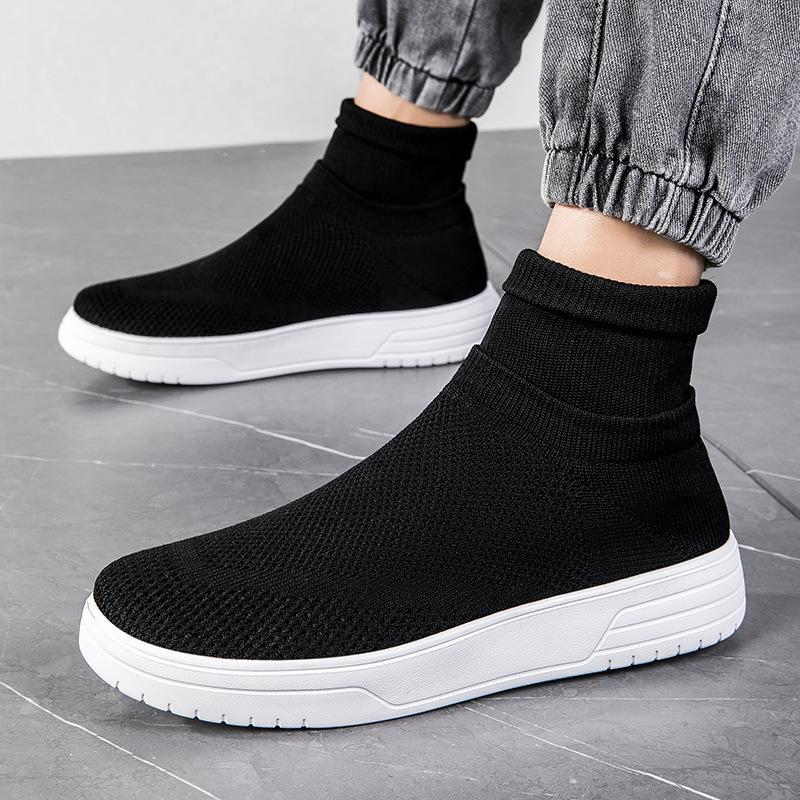 Men's Shoes Autumn New High-top Couple Socks Casual Shoes Large Size Thick Baseplate Shoes Breathable Fly-woven Mesh Sneakers