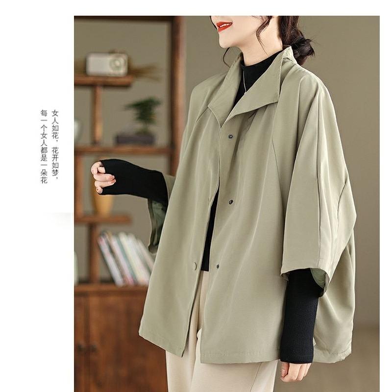 Women Loose Short Trench Coat Raglan 7 Sleeve Literary Casual Outerwear