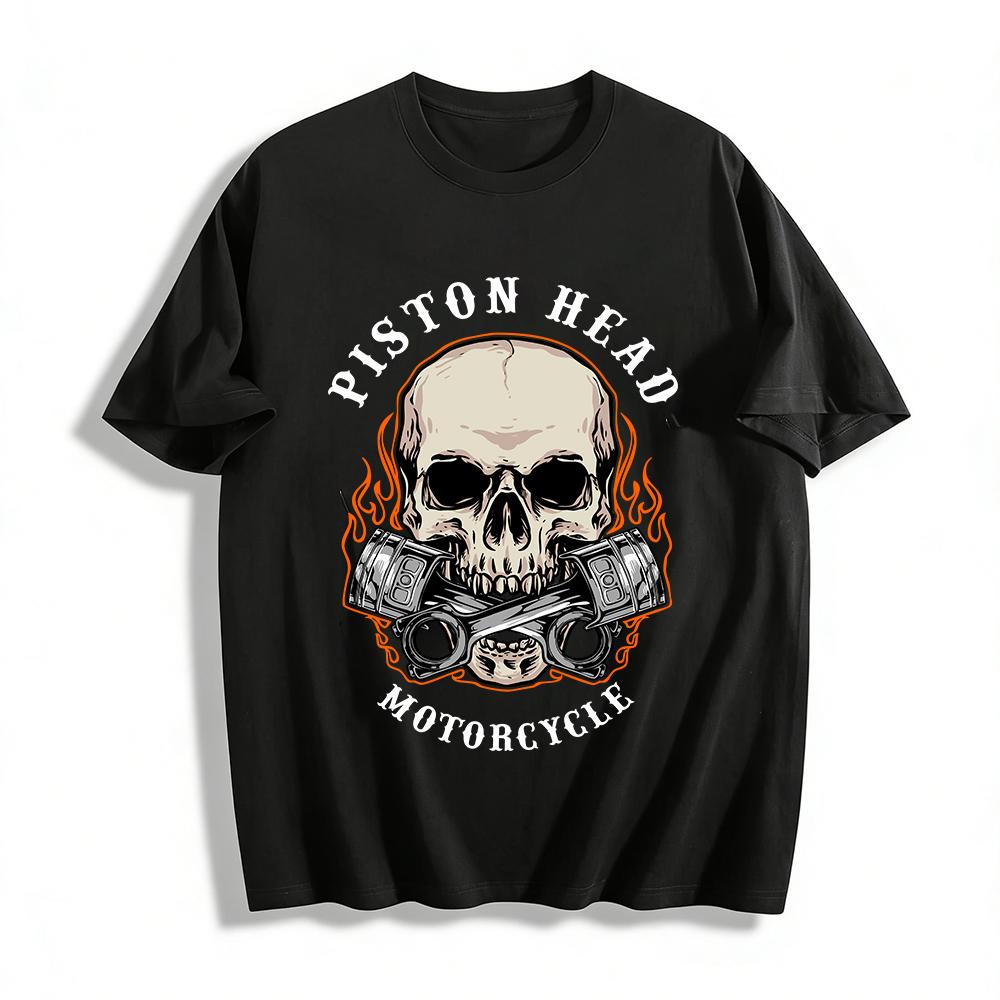 Skull And Pistons Print Biker Style Casual Short Sleeve T-Shirt Pure cotton T-shirt XXS