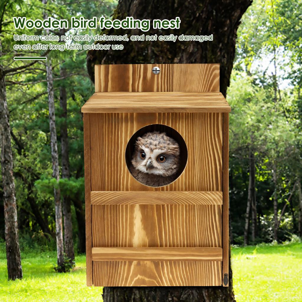 Casa per gufi in legno Apertura circolare Casa per uccelli Dimensioni grandi Nido Uccelli Scatola per la nidificazione Decorazione per balcone Accessori per animali domestici da appendere