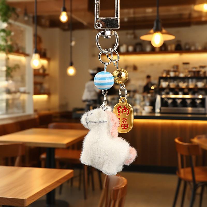 Cute Cartoon Flocking Animal Fortune Horse Keychain Bag Earphone Pendant Decoration Zodiac Horse Car Keyring New Year Gift
