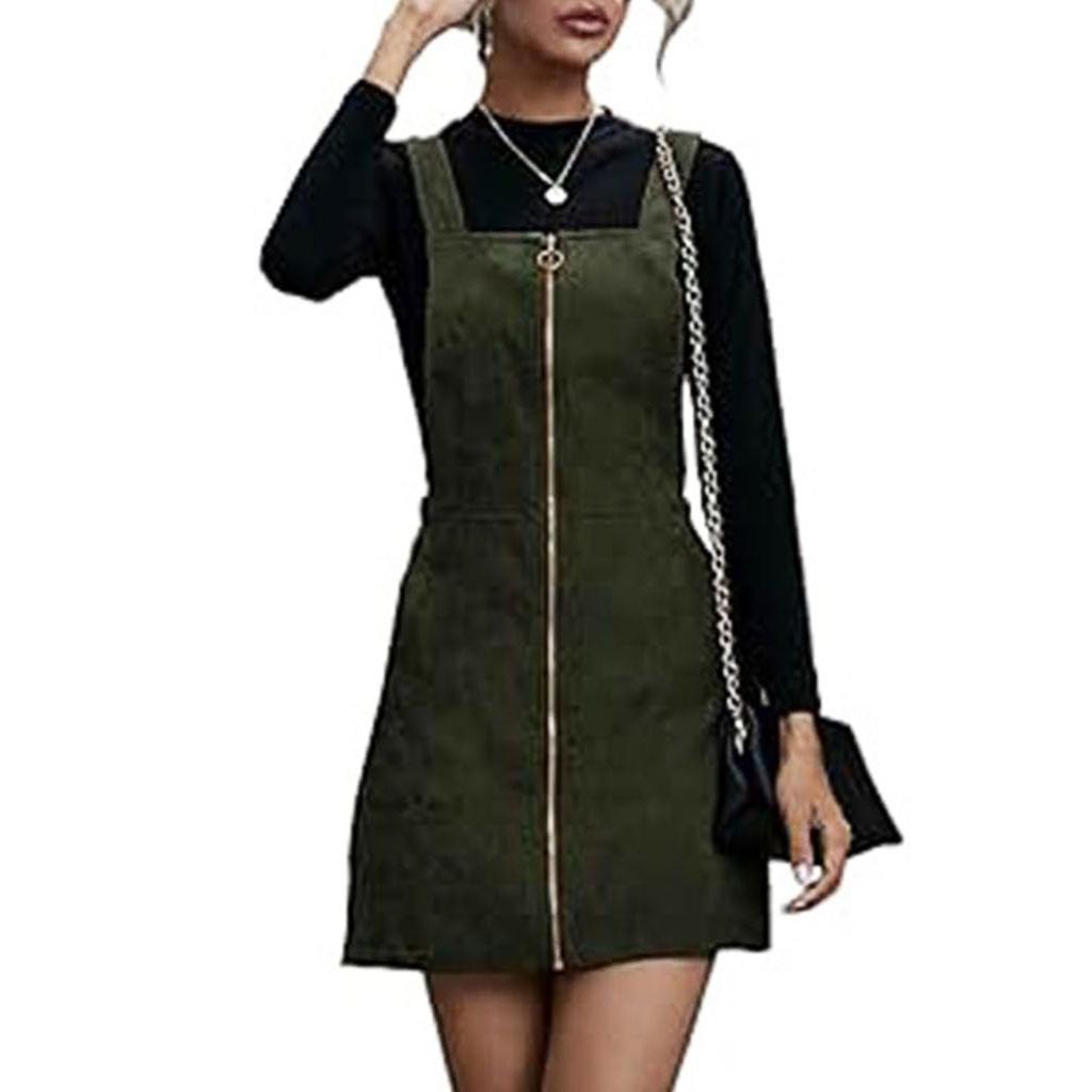 Women's Fashion Corduroy Solid Color All Seasons Ladies Sleeveless Zipper Pocket Casual Dress