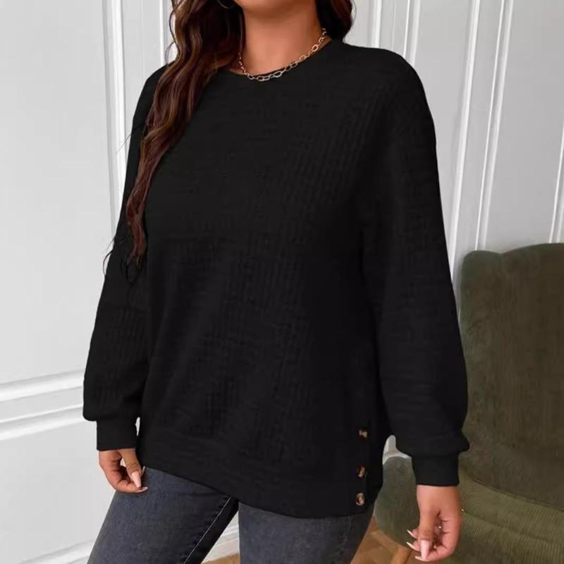 

Осень-зима женский однотонный свободный клетчатый пуловер с круглым вырезом и пуговицами, сшитый с длинными рукавами, толстовка для женщин L чёрный