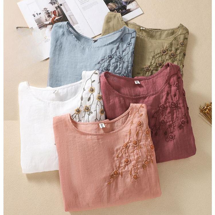 Tricou Larg Mărime Mare pentru Femei, Brodat, cu Gât Rotund, Subțire, Respirabil, Top de Bază