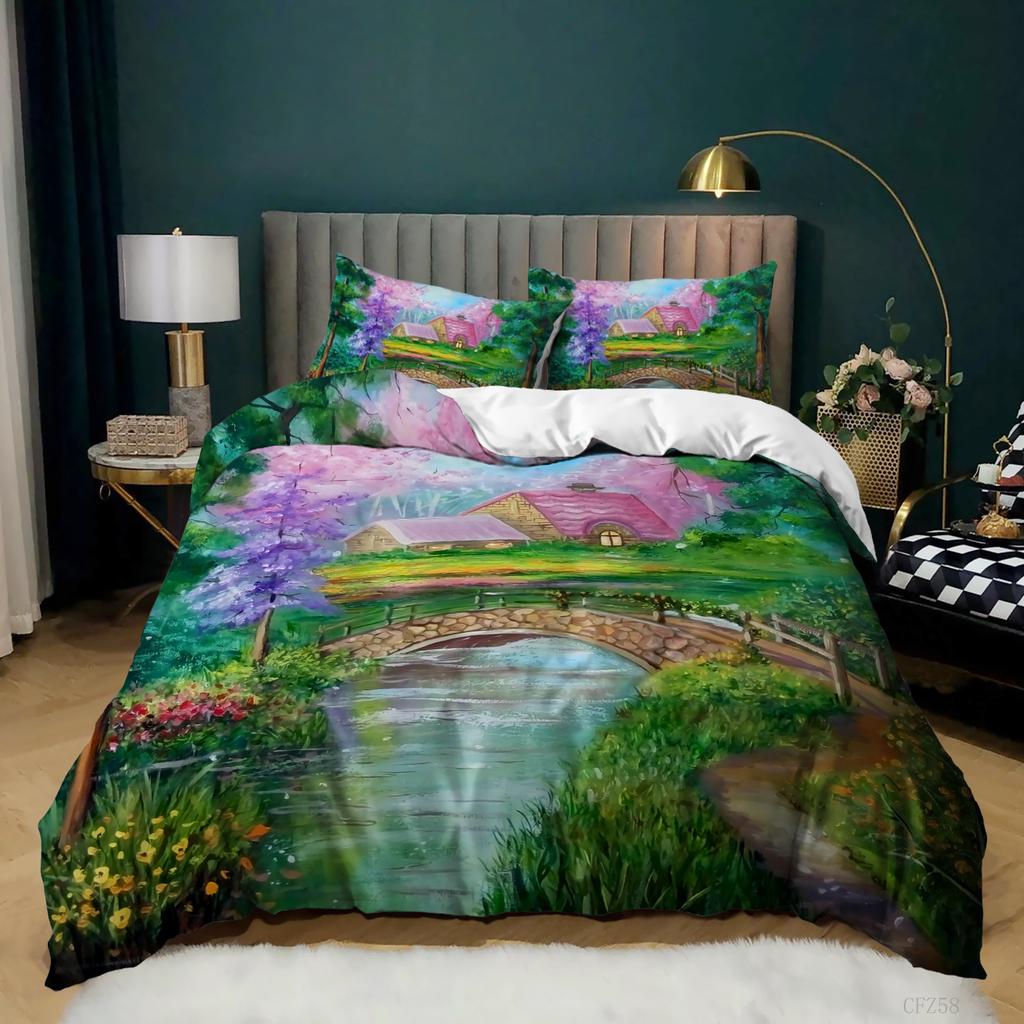 3D Digital Printing Oil Painting Scenery Quilt Cover Three-Piece Bedding