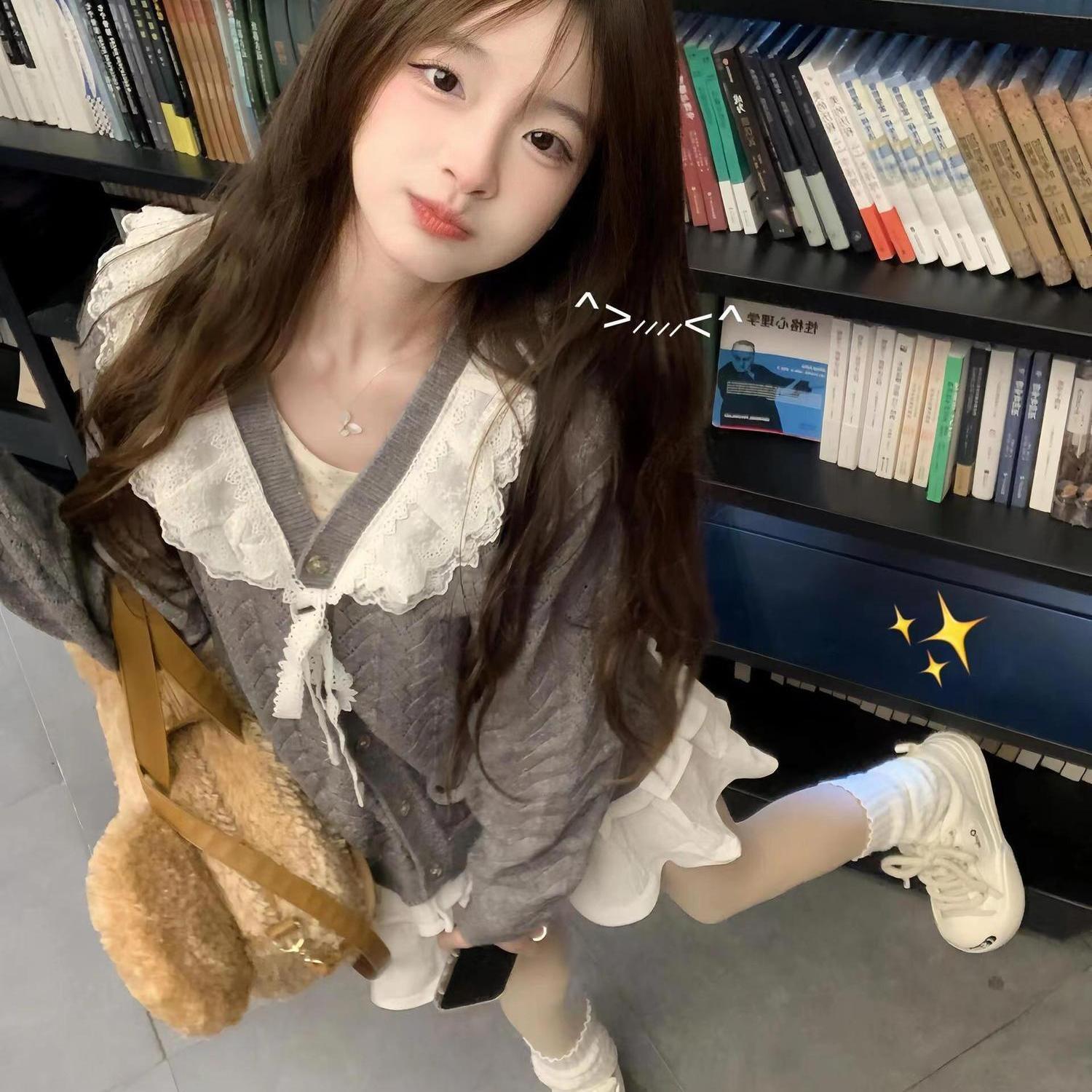 

Женский серый вязаный кардиган с кружевом и бантом, воротником Питер Пэн - Преппи стиль, ажурный свитер для весны/осени One Size 245211 серый