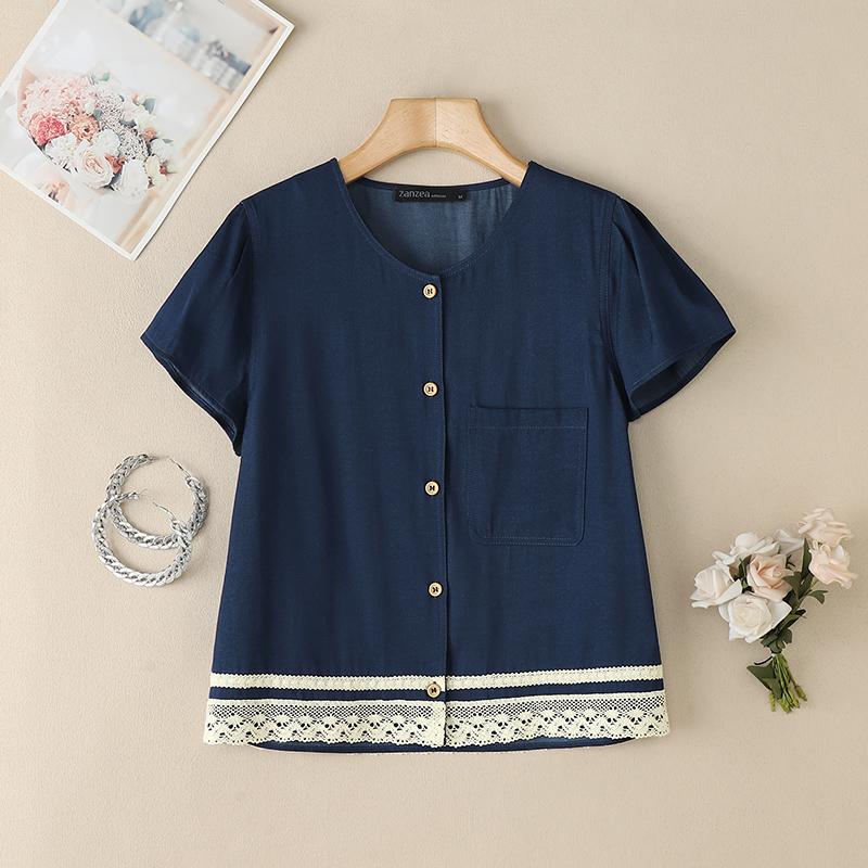 ZANZEA Women Summer Short Sleeve Lace Patchwork Casual Button Blouse
