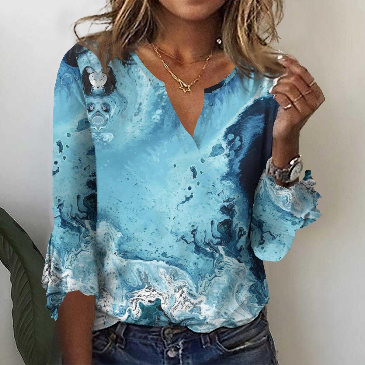 

Осень 2023, новая мода, женский повседневный топ с v-образным вырезом и рукавом 3/4 с принтом, большие размеры