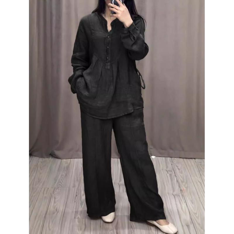 2024 Herbst Baumwolle Leinen Kordelzug Weitbein Hosen Set mit Langarm Halber Knopfleiste Oberteil