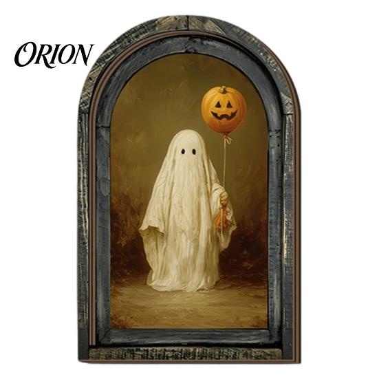Handcrafted Retro Wooden Decor Halloween Arched Wall Hanging Plaque, Double-Layer Distressed Ghost Cat Ornament, Rustic Tabletop Signs Gothic Vintage