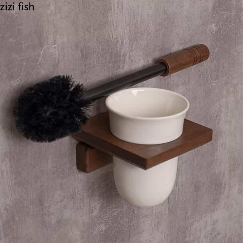 Porte-brosses à WC Salle de bain Bois Brosses à WC Base en Céramique Sans perçage Mural Ensemble de brosses de nettoyage Porte-brosses pour toilettes