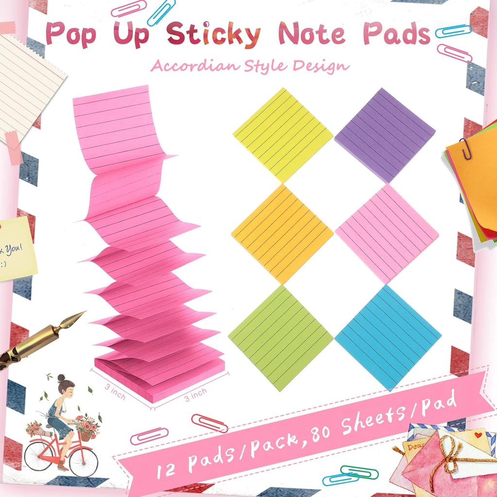 Yexiya 12 Pads Pop up 3x3 Refill Pop up Sticky Notes with Lined Bright Colors Self Stick Post for Office Shool Home