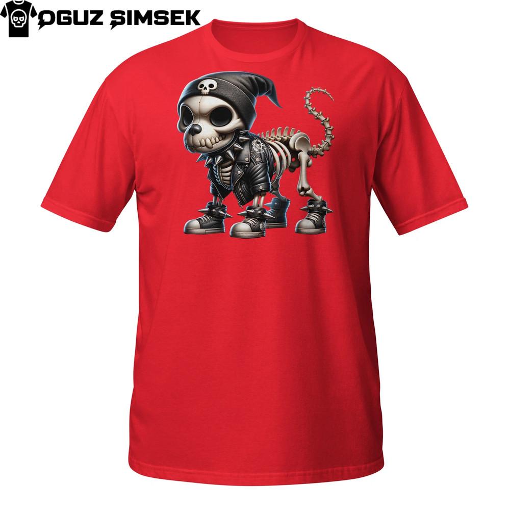 

Skeleton Dog T-Shirt | Punk Pup in Leather and Skull Beanie | Gothic Pet Tee S