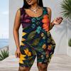 Women Plus Size Navy Blue Floral Printed Scoop Neck Sleeveless Tank Top And Shorts Two Piece Set