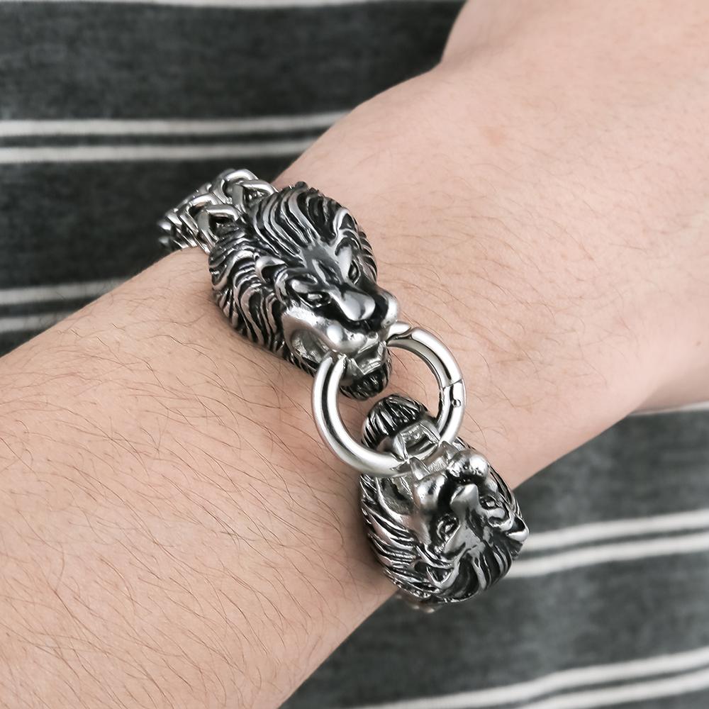 Cool Lion Head Bracelet for Men Figaro Link Chain Mens Cuff Bracelets Heavy Solid Stainless Steel Male Jewelry Bangles