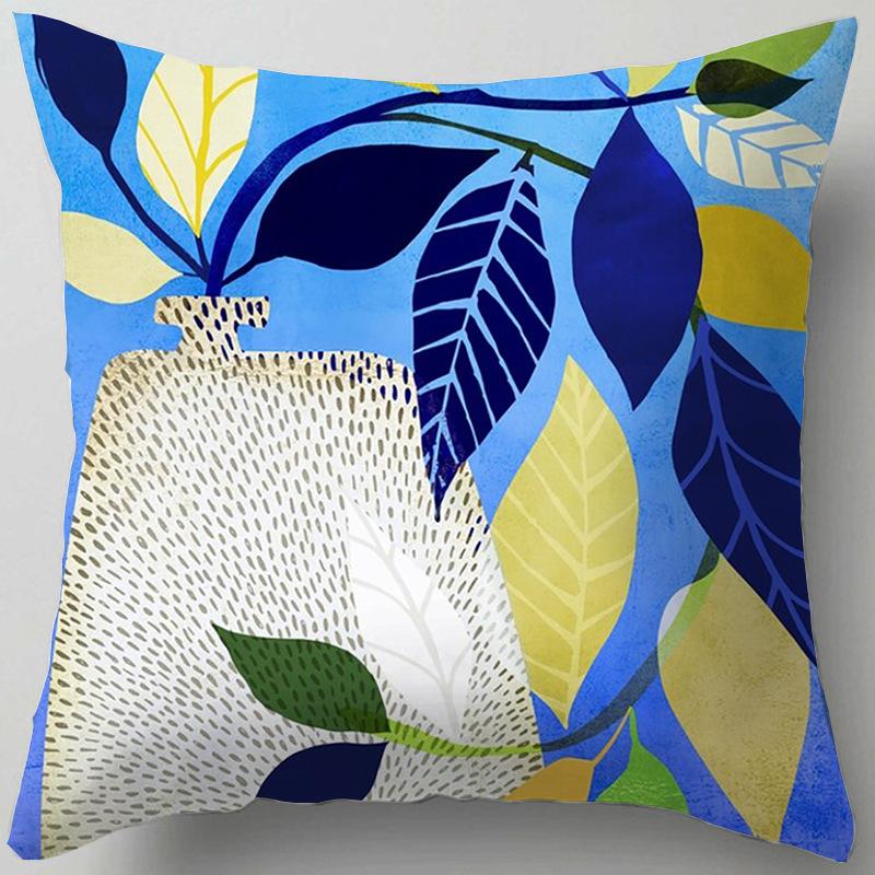 Blue Flower and Leaf Pattern Nordic Style Living Room Sofa Office Cushion Cover Home Decor Waist Pillow