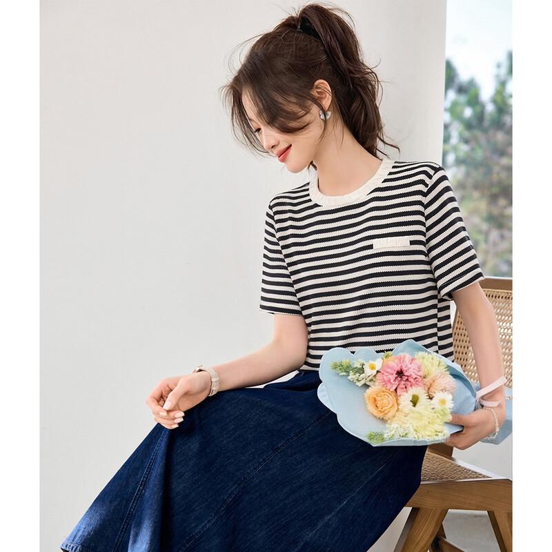 Srcr Women's Silk Crepe De Chine Striped Short-Sleeve Top
