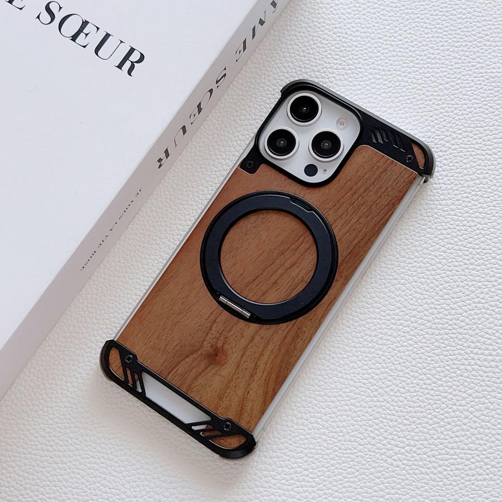 Solid Wood Metal Aromatherapy Walnut Phone Case for Apple 17promax Rotating Bracket Magnetic Including Phone Grip