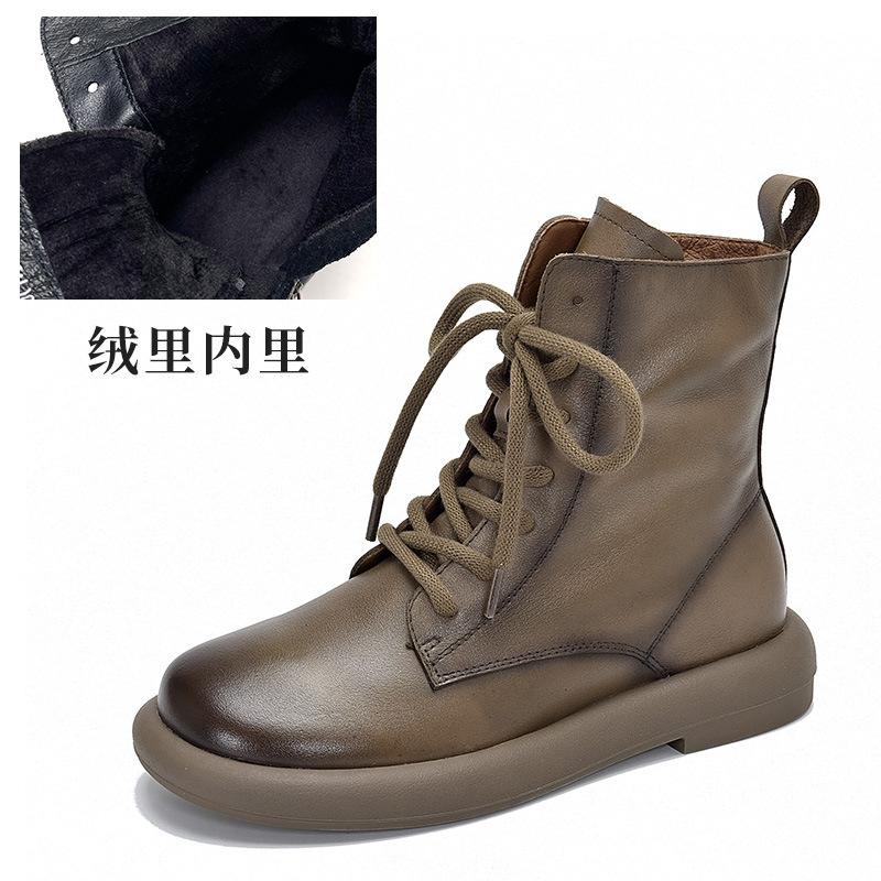Short Boots Soft Leather Women's Round Head Lace-up High-top Boots Autumn and Winter Versatile Martin Boots Single Boots Women's Cotton Boots