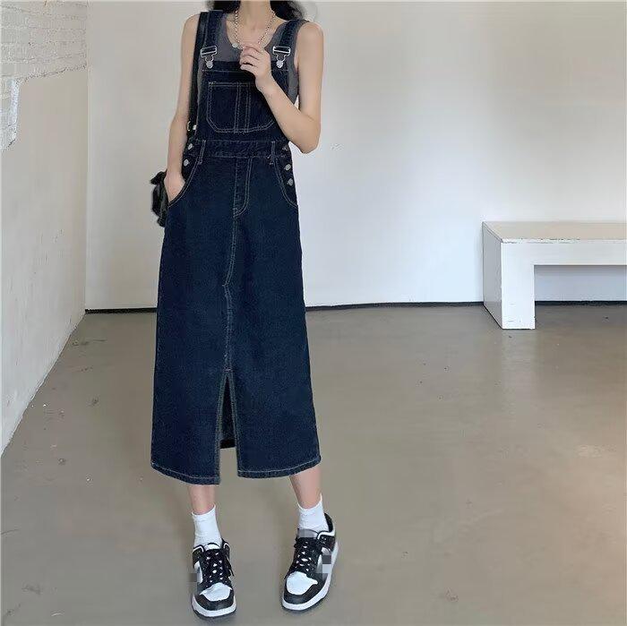 Women's High-Waist Denim Overall Dress - Cute, Retro, Slimming Slit Design for Spring/Summer 2025