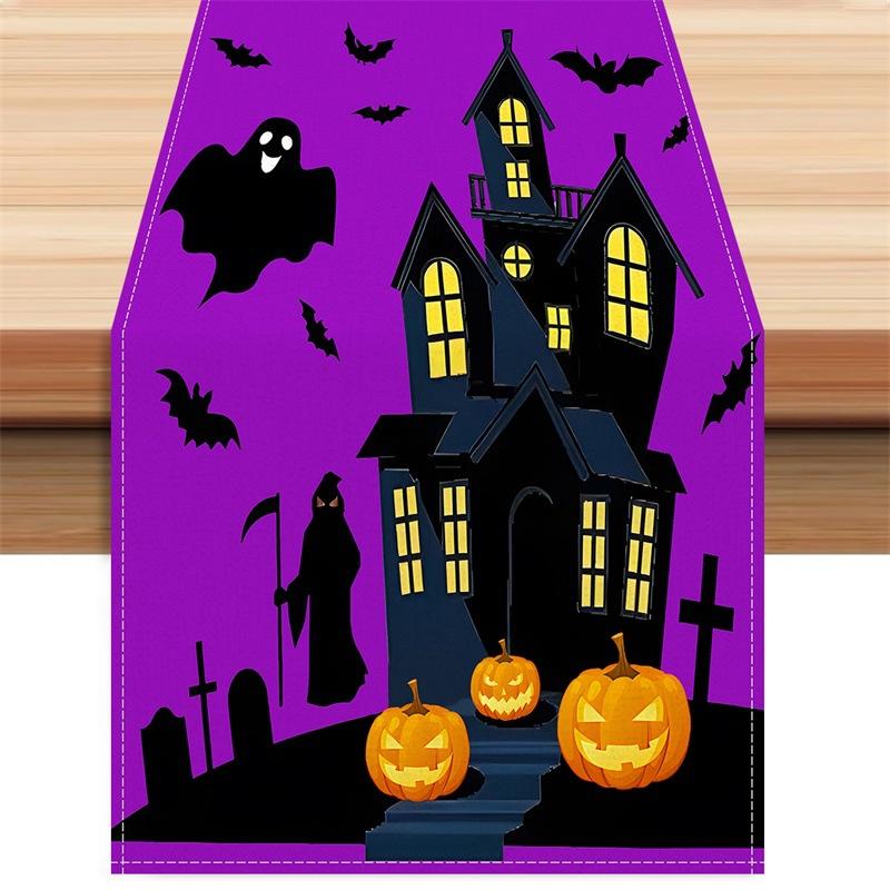 

1pc Purple Halloween Table Runner with Castle Ghost Pattern Dustproof Durable Tablecloth for Halloween Dining Room Decoration 33x183cm