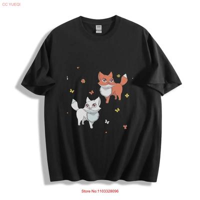 Cartoon Fox Cat with Butterflies T Shirt Vintage Washed Stretched Slightly Versatile Graphic Casual Designer Clothes Unisex