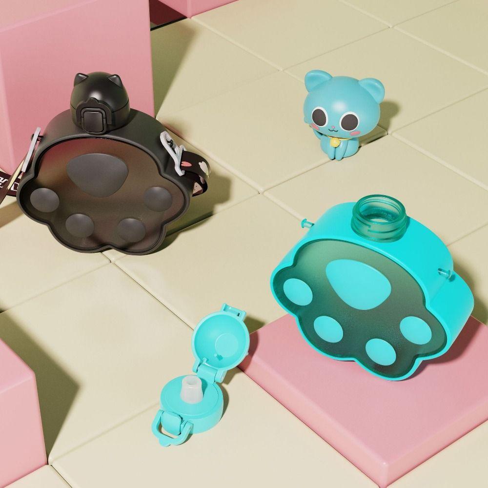 Adjustable Strap Cat Paw Water Bottle Cartoon Portable Kettle Convenient Plastic Straw Cup Cycling
