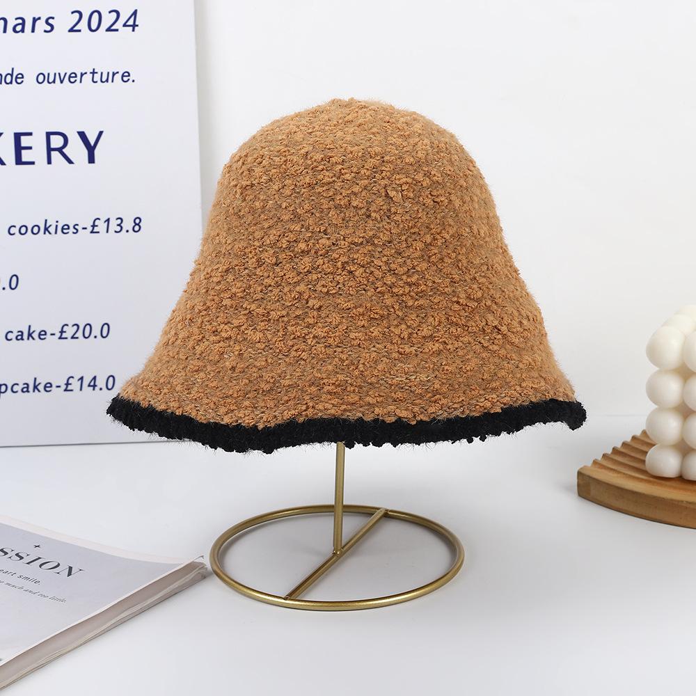 Bucket hat women's velvet thickened fashionable versatile knitted basin hat big head circumference showing small face ear protection warm hat