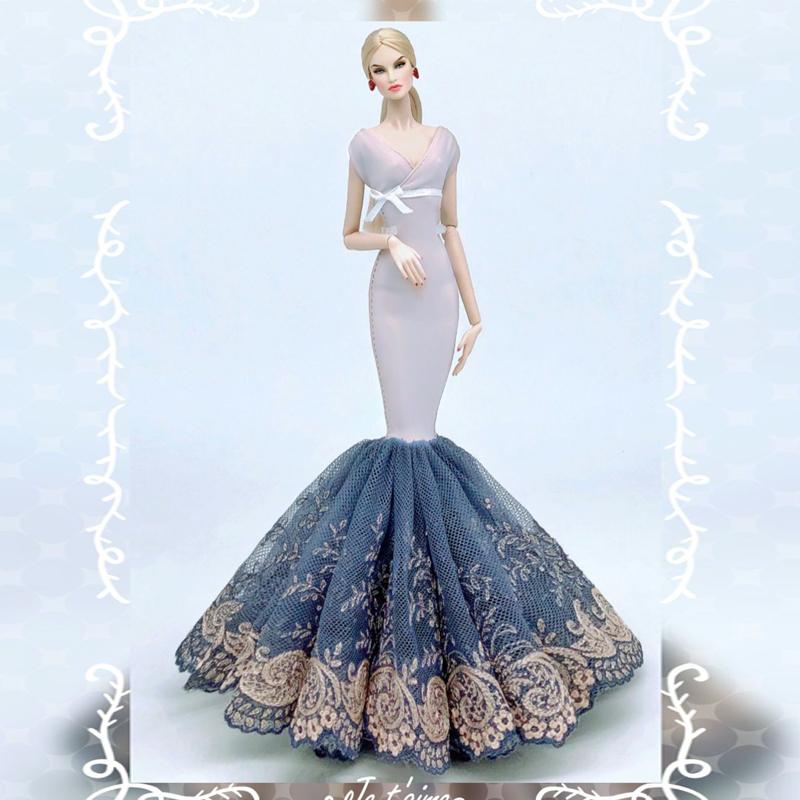 Graublaue Spitze Blumen Fischschwanz Kleidung für Barbie Puppe Hochzeitskleid Outfits Handgemachtes Partykleid 1:6 Puppenzubehör Kinderspielzeug