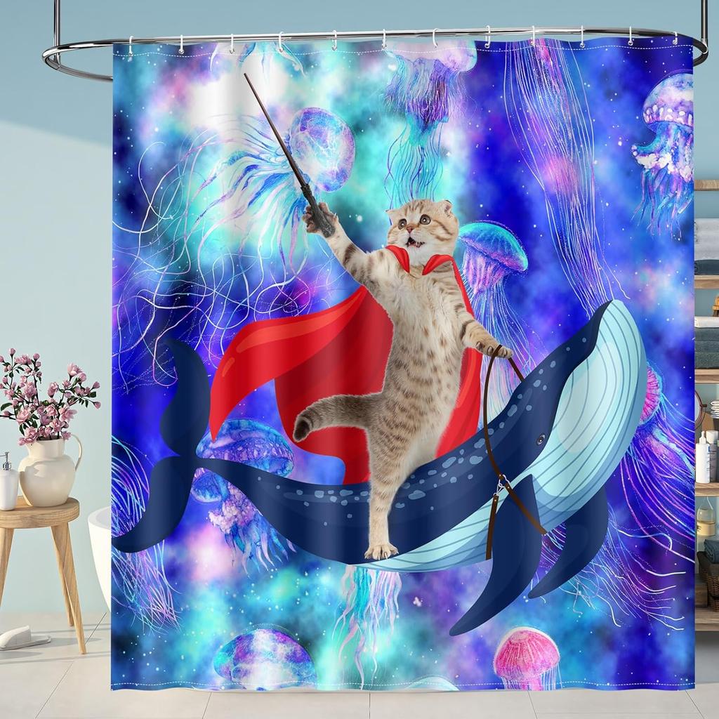 Funny Cat Shower Curtains Cute Cat Riding Whale Shark Fantasy Jellyfish Fun Shower Curtain Set with Kids Bathroom