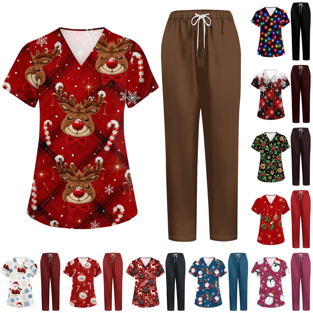 Women's Uniform Set with Short Sleeve Christmas Print Top and Pants, Two-Piece Caregiver