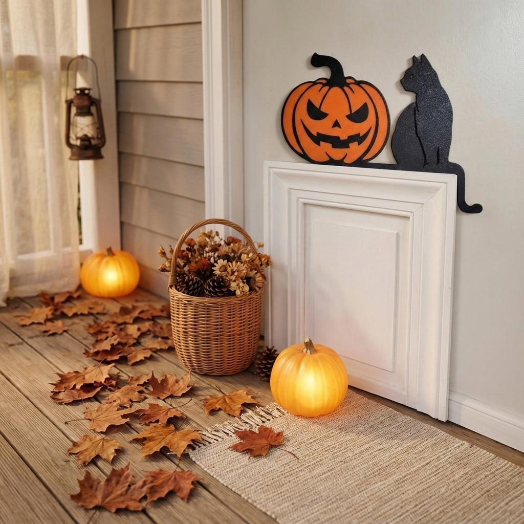 Iron Art Black & Pumpkin Door Frame Decor - Spooky Halloween Door Top Ornament, Wrought Iron Window Valance For Porch & Entryway