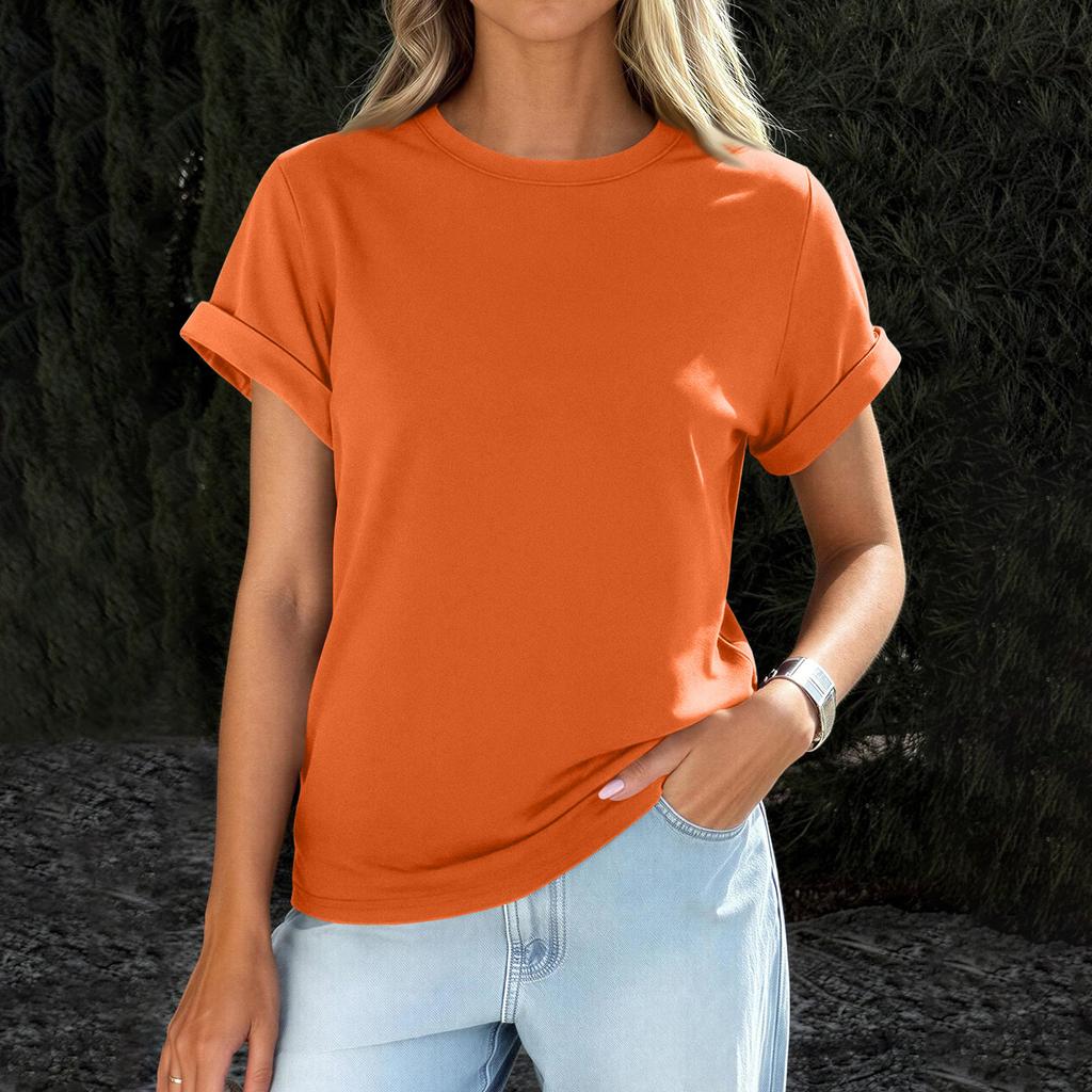 Womens  Casual Rolled Short Sleeve Basic Tees Fashion Tops