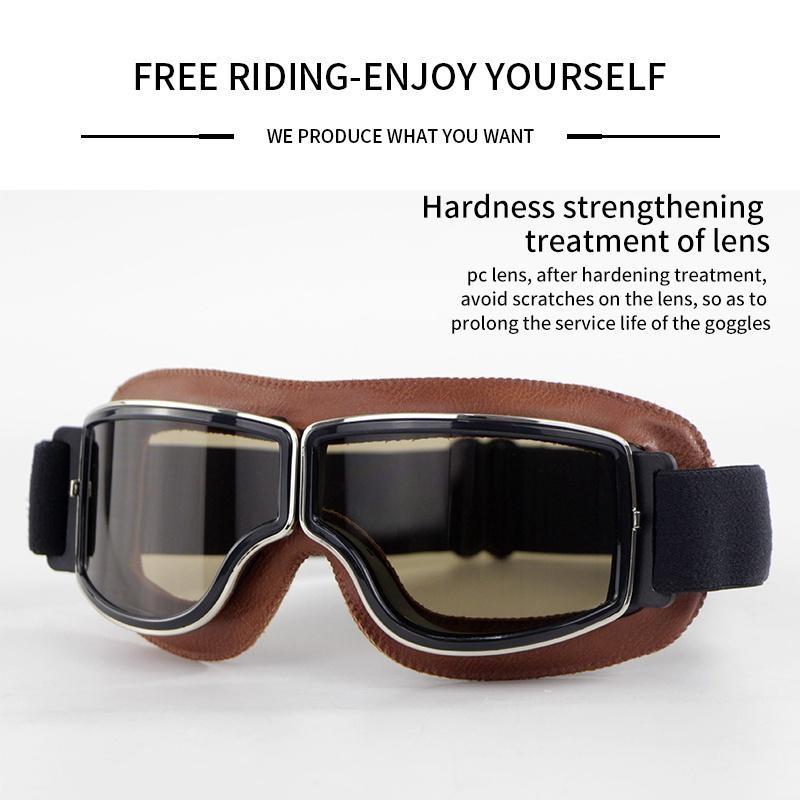 Vintage Pilot Motorcycle Goggles Leather Cruiser Scooter Sunglasses Lens Protective Gears For Retro Open Face Helmet
