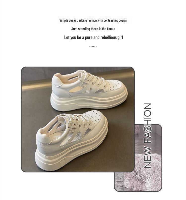 Women's Summer 2025 Platform Sandals - Thick Sole, Height-Increasing, Hollow Design, Petite, White.