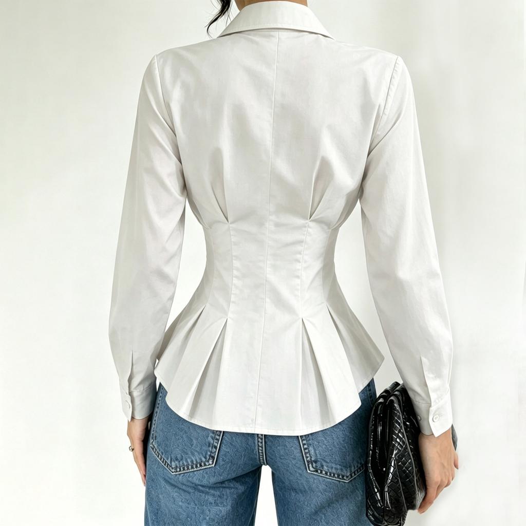 Women Long Sleeve Button Down Shirt Ruffled Waist Peplum Blouse Tailored Fit Collared Shirt Casual Office Wear