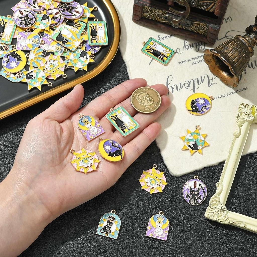 UR URLIFEHALL 40 Pcs 8 Styles Enamel Tarot Charms Colorful Tarot Card Charms Black White Cat Sun Moon Charms for Bracelet Necklace Earrings Jewelry